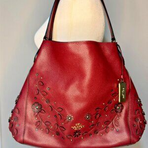 Coach Willow Floral Edie Shoulder Bag in Dark Red Pebble Leather w COA